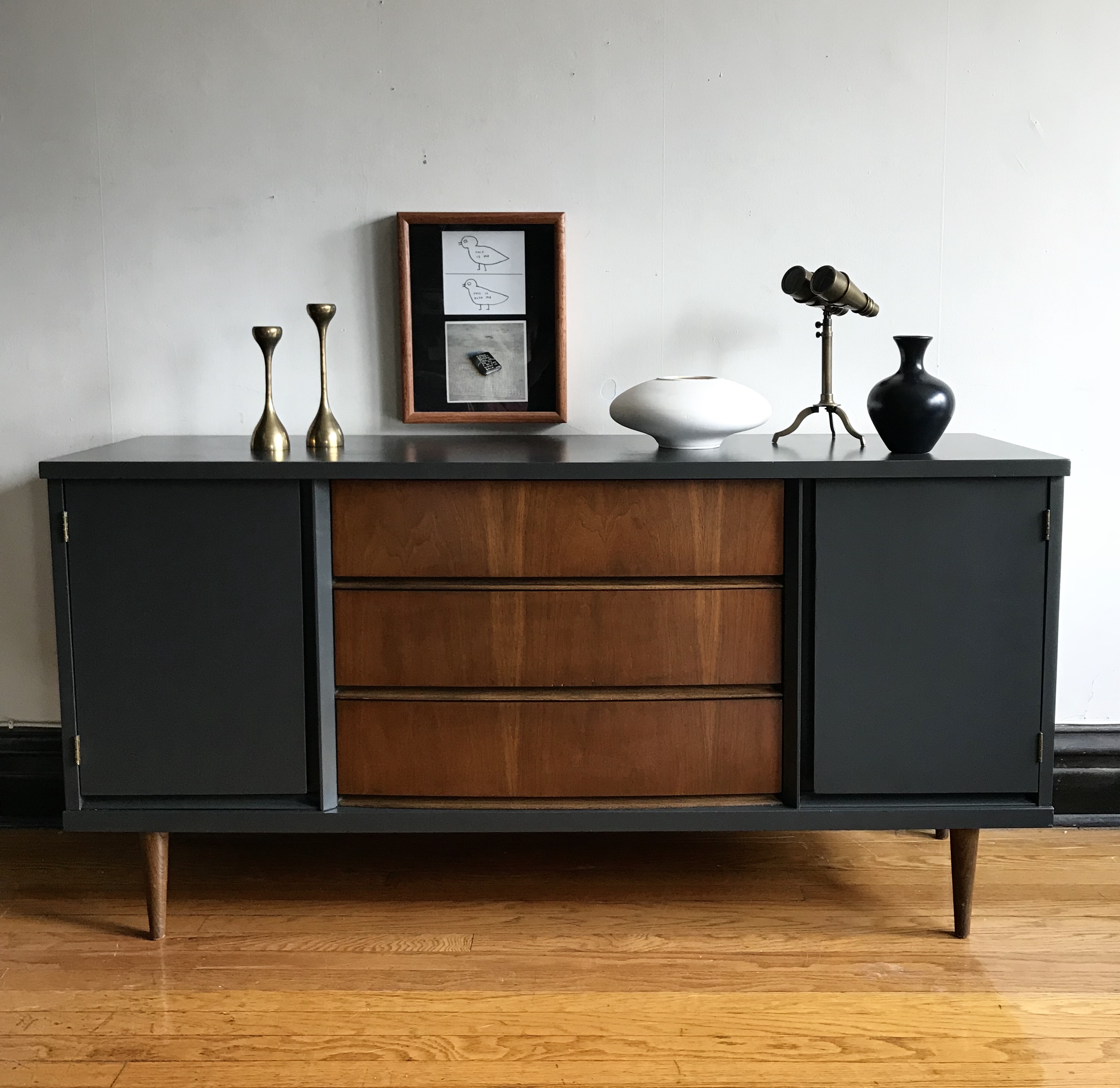 Deep Grey And Wood Mid Century Modern Credenza 