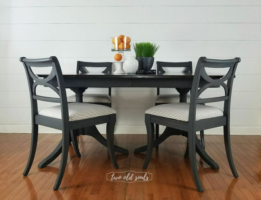 Distressed Graphite Chalk Paint with Gel Stained Mahogany Dining Top