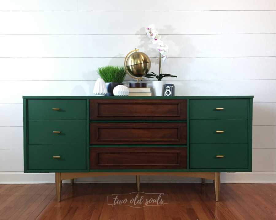 9 Drawer Jade Green MCM Dresser with Wood Drawers and Gold Legs ...