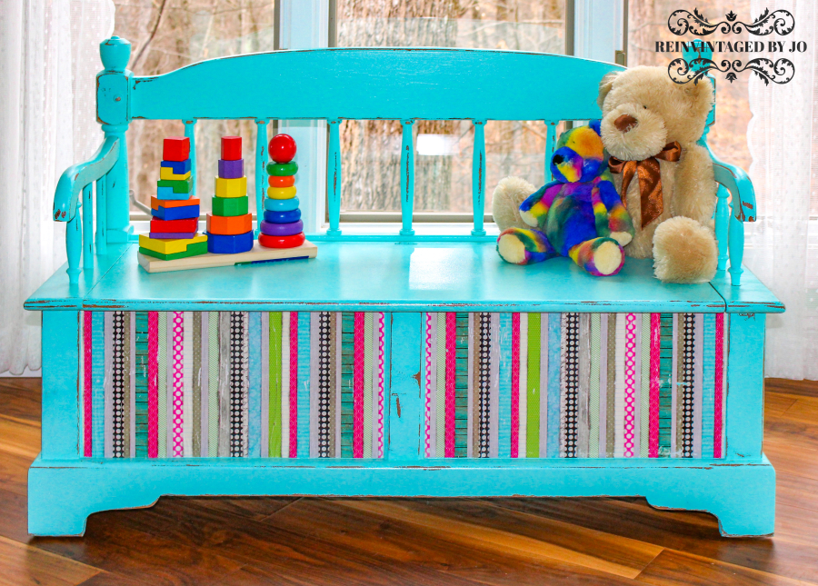 Blue Children's Play Bench with Decoupaged Front and Sides- Front