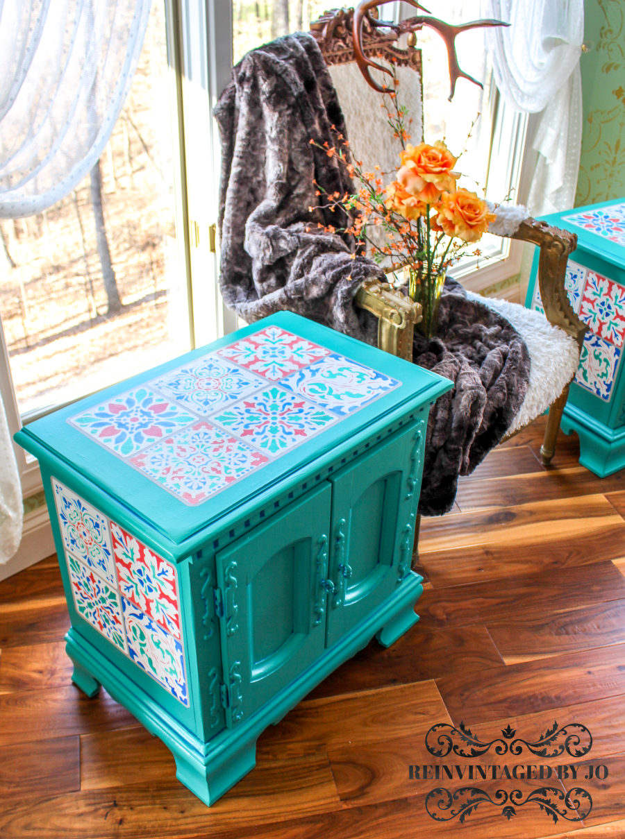 Patina Green End Tables with Tile Stencils