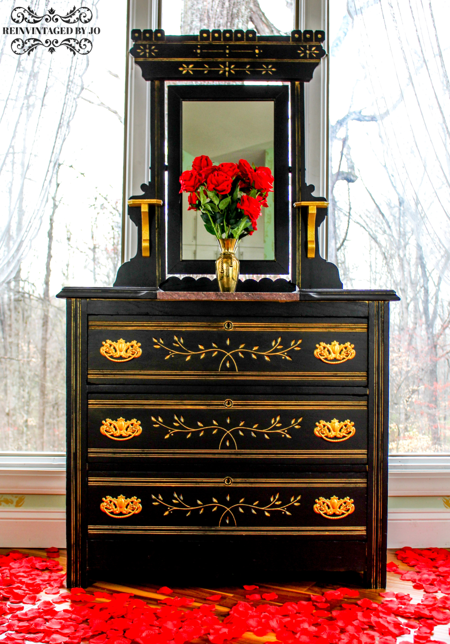 Stark Black and Shimmering Gold Eastlake Dresser- Front