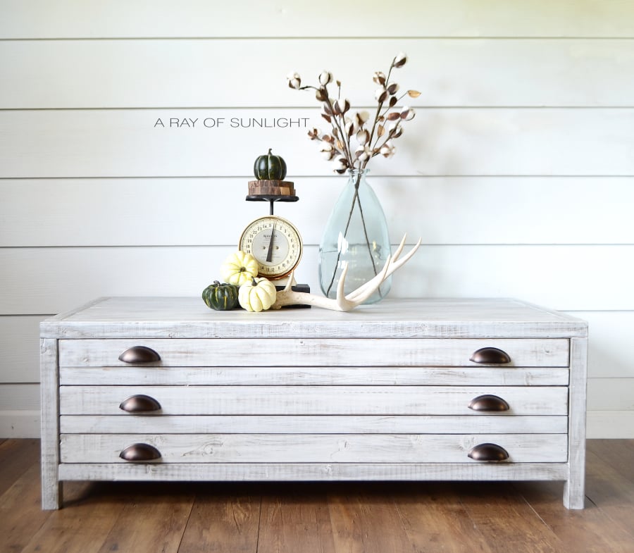 Print Maker Industrial Coffee Table turned Toy Storage