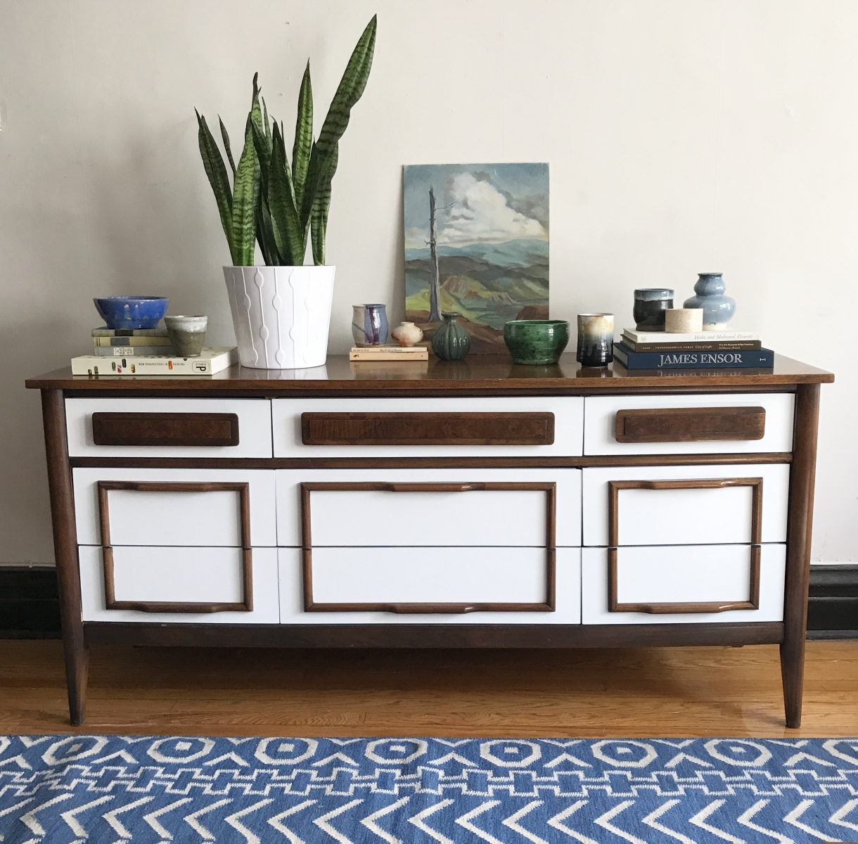 White and Burl Mid Century Modern Dresser