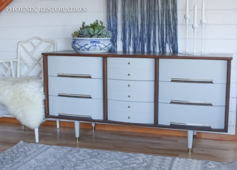 Reverse Gray + Walnut Mid Century Dresser
