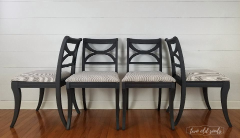 Graphite Chalk Paint on Duncan Phyfe Chairs with Navy French Ticking