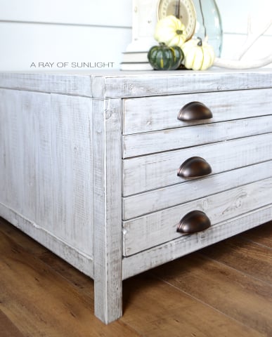 Print Maker Industrial Coffee Table turned Toy Storage