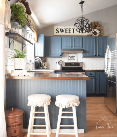 Antique Walnut stained butcherblock adds warmth to our kitchen