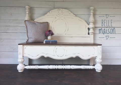 Distressed Antique White Headboard Bench