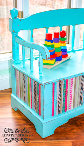 Blue Children's Play Bench with Decoupaged Front and Sides- Side and Front