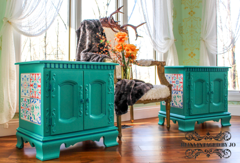 Patina Green End Tables with Tile Stencils