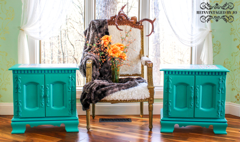 Patina Green End Tables with Tile Stencils