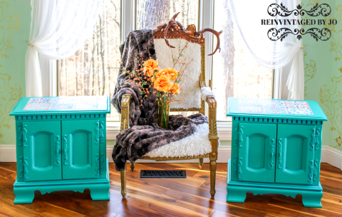 Patina Green End Tables with Tile Stencils
