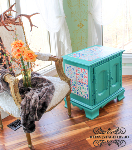 Patina Green End Tables with Tile Stencils