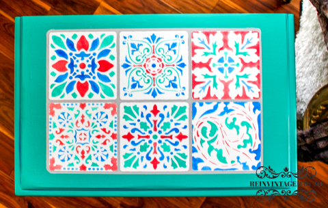 Patina Green End Tables with Tile Stencils- Top