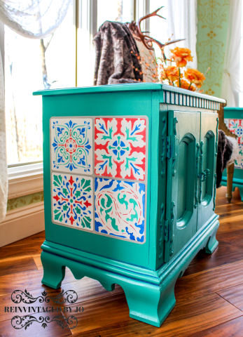 Patina Green End Tables with Tile Stencils- Side