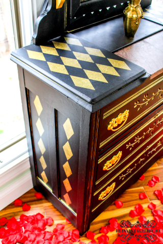 Stark Black and Shimmering Gold Eastlake Dresser - Side, Front, and Top
