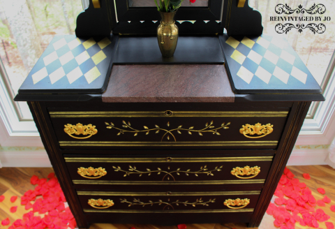 Stark Black and Shimmering Gold Eastlake Dresser- Top and Front