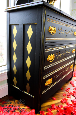Stark Black and Shimmering Gold Eastlake Dresser- Side Close-up