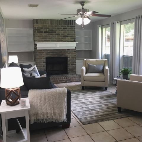 After: Using General Finishes Products for the built-ins and mantle and DyeBrick to stain the brick from tan to light charcoal.